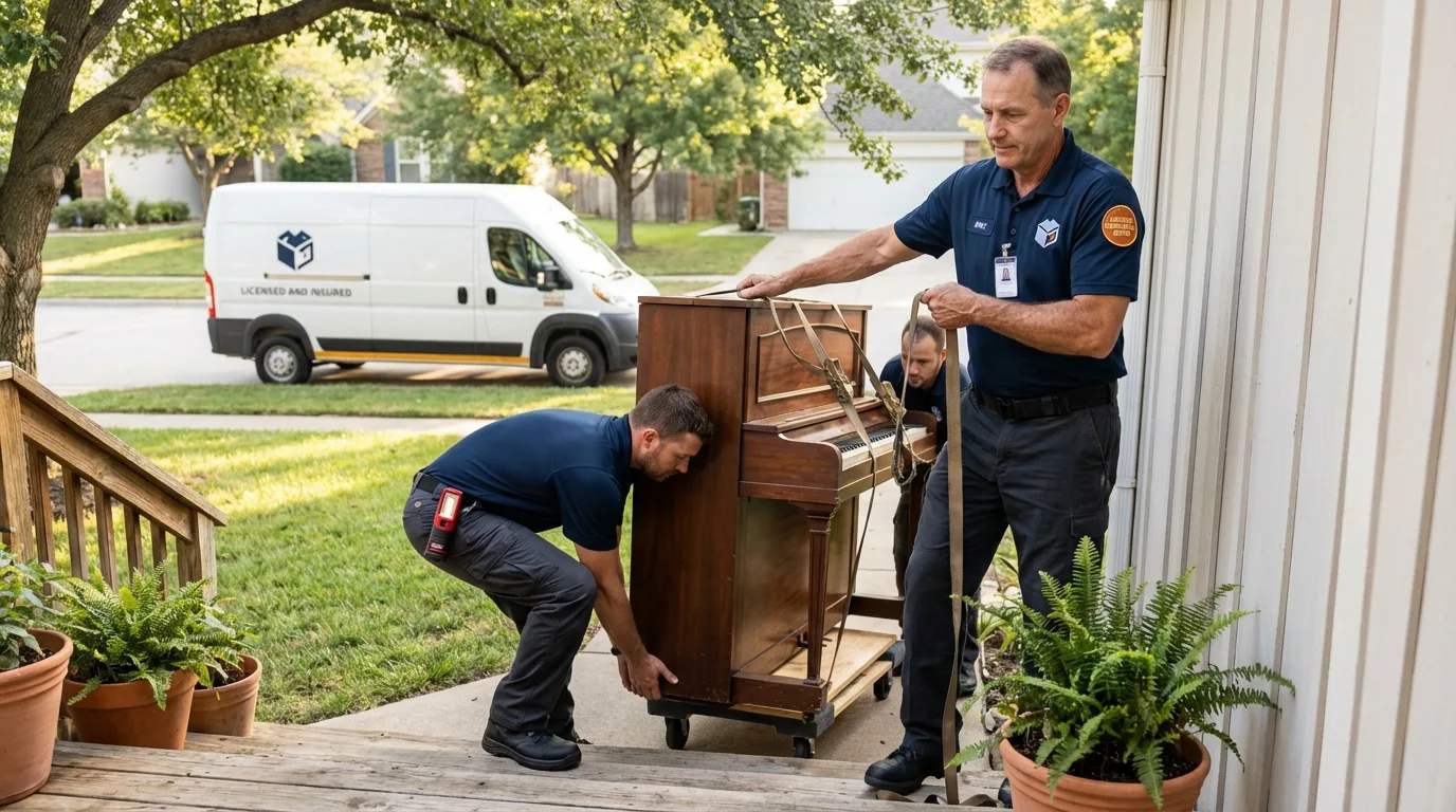 Licensed piano movers securing grand piano in Twinsburg, OH