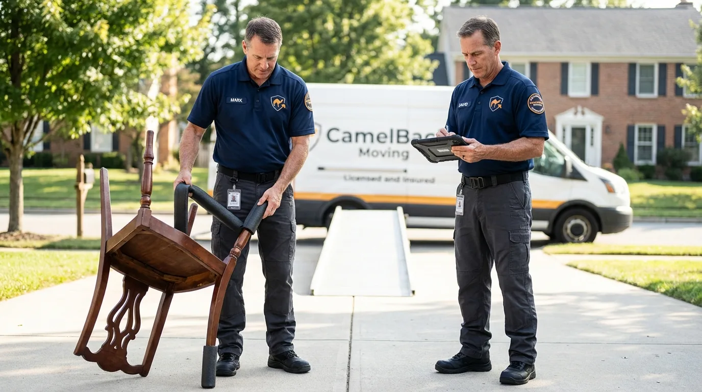 Movers inspecting furniture for damage prevention before loading in Twinsburg, OH